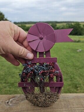 St. Croix Rustic Metal & Wood Windmill Wall Decor - Farmhouse Art w/ Dried Flowe